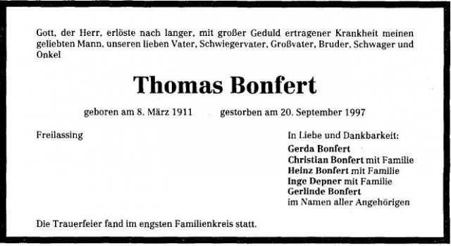 bonfert Thomas 1911-1997 Todesanzeige